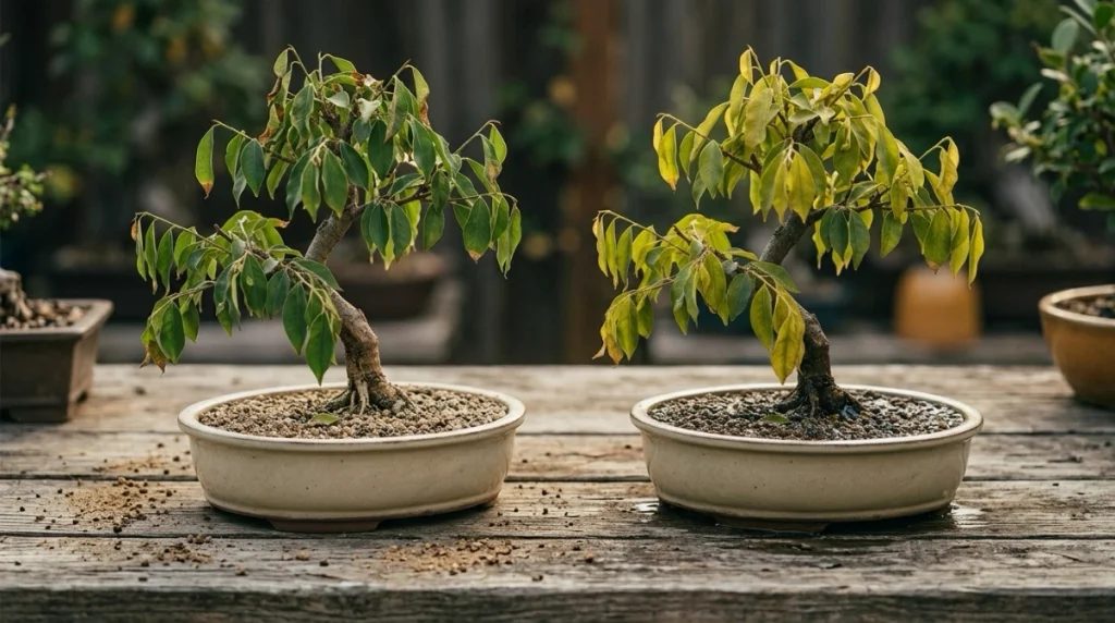 Two wilted bonsai trees showing visual differences between underwatering and overwatering.