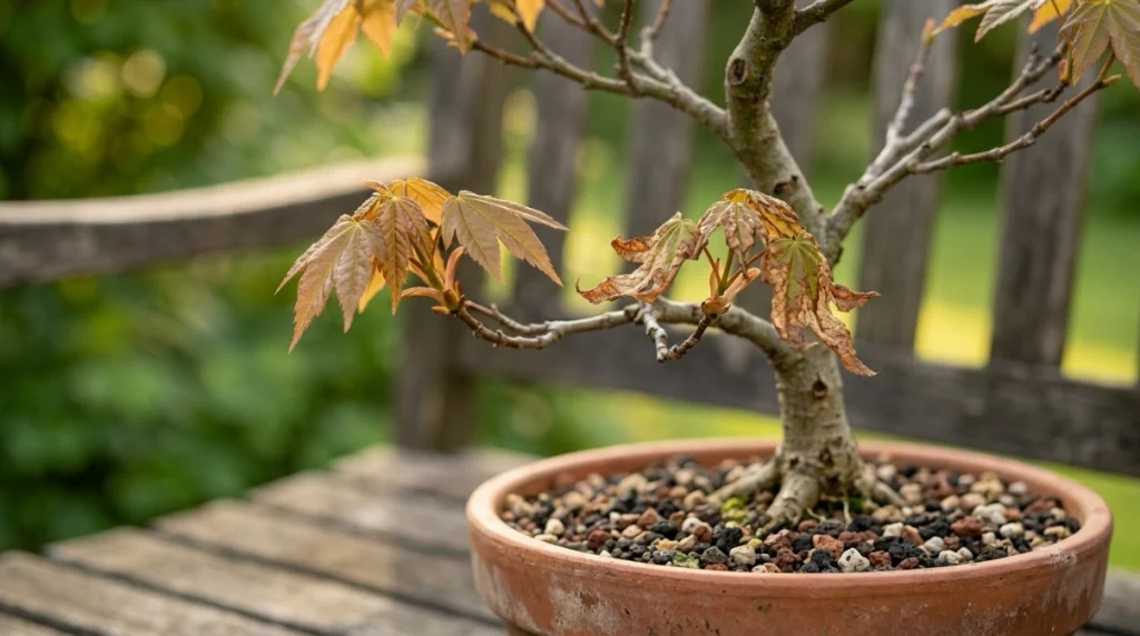 Healthy bronze bonsai leaves beside dry damaged brown new growth