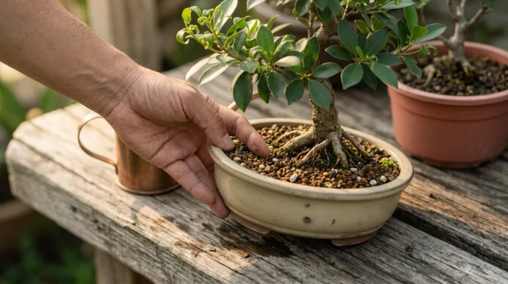 Grower checks bonsai soil moisture and drainage while new leaves show curling