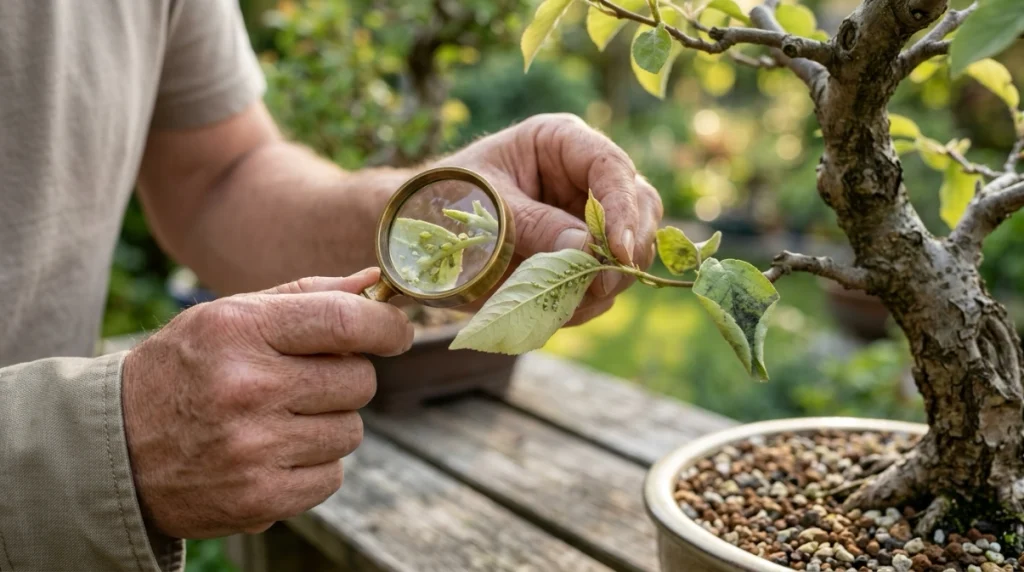 Gardener inspecting aphids on bonsai trees beneath curled young leaves with a magnifying lens.