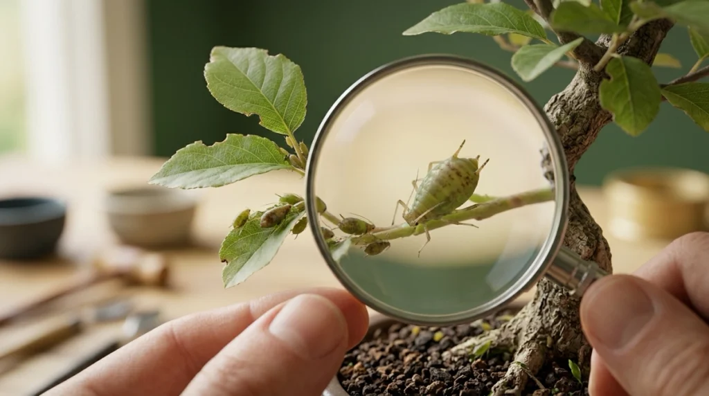Macro view of pear-shaped bonsai aphids showing paired cornicles on fresh growth