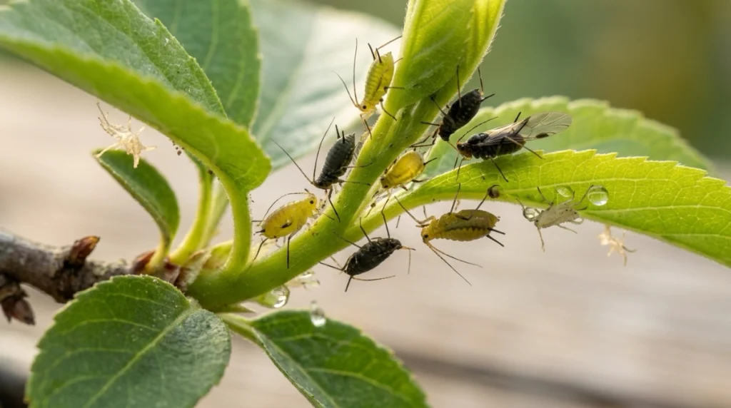 Close-up aphids on bonsai showing pear-shaped bodies, antennae, cornicles, nymphs and shed skins