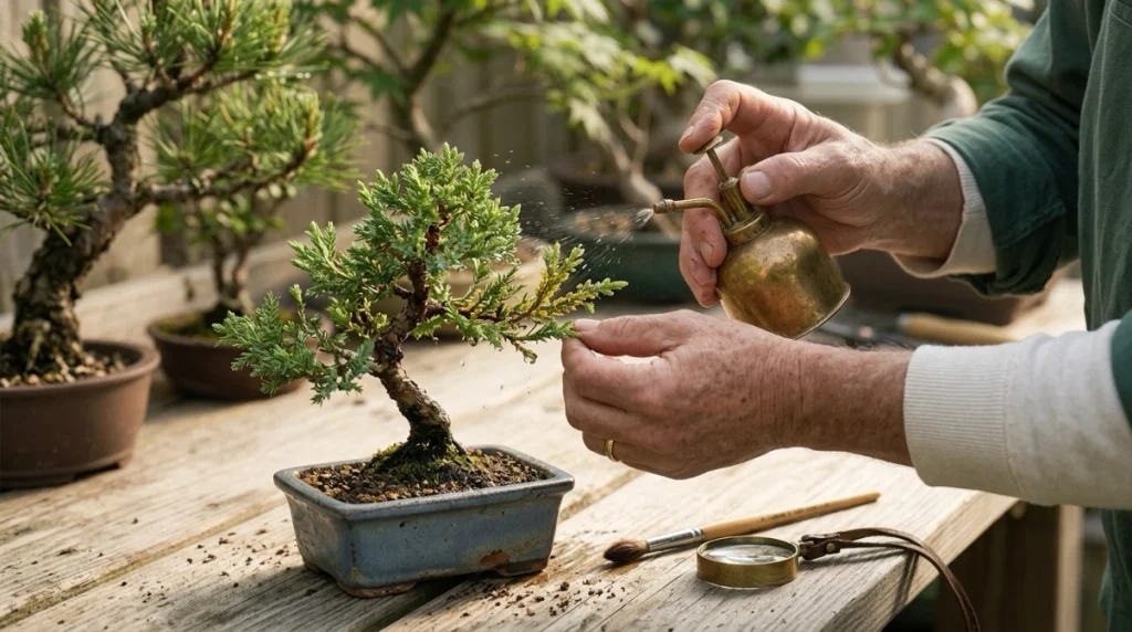 Hobbyist gently rinsing aphids from bonsai leaves while supporting delicate branches