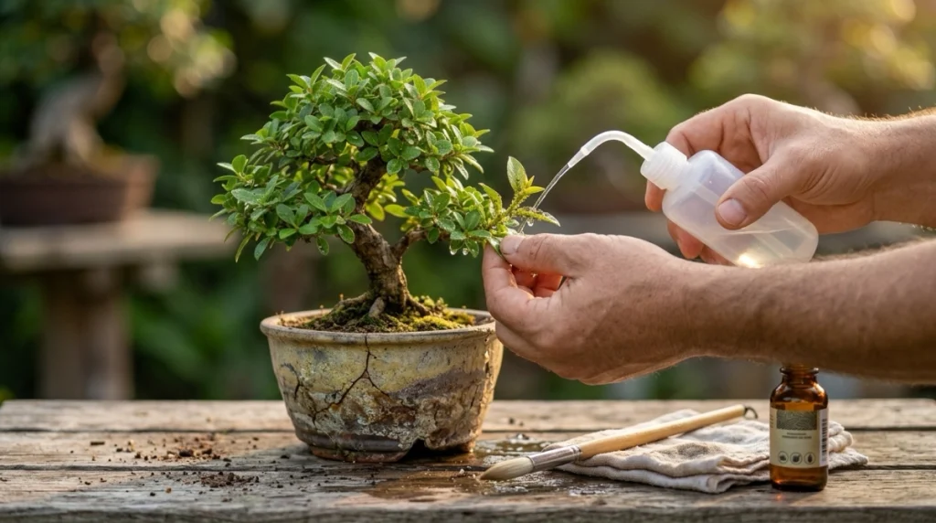 Grower rinsing aphids from an isolated bonsai before using low-impact treatments