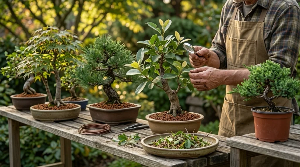 Healthy bonsai collection with weekly inspection, quarantine spacing, airflow, and debris removal