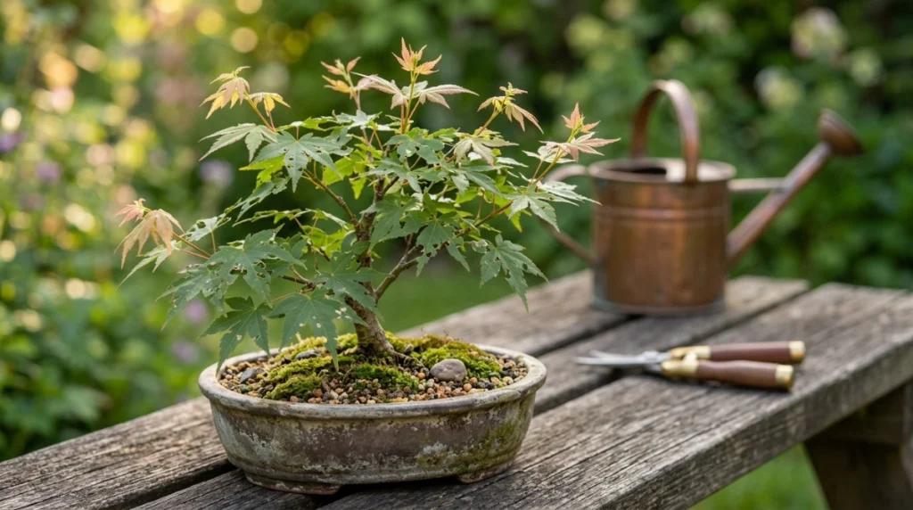 Recovering bonsai with partly chewed older leaves and healthy new foliage growing at branch tips.