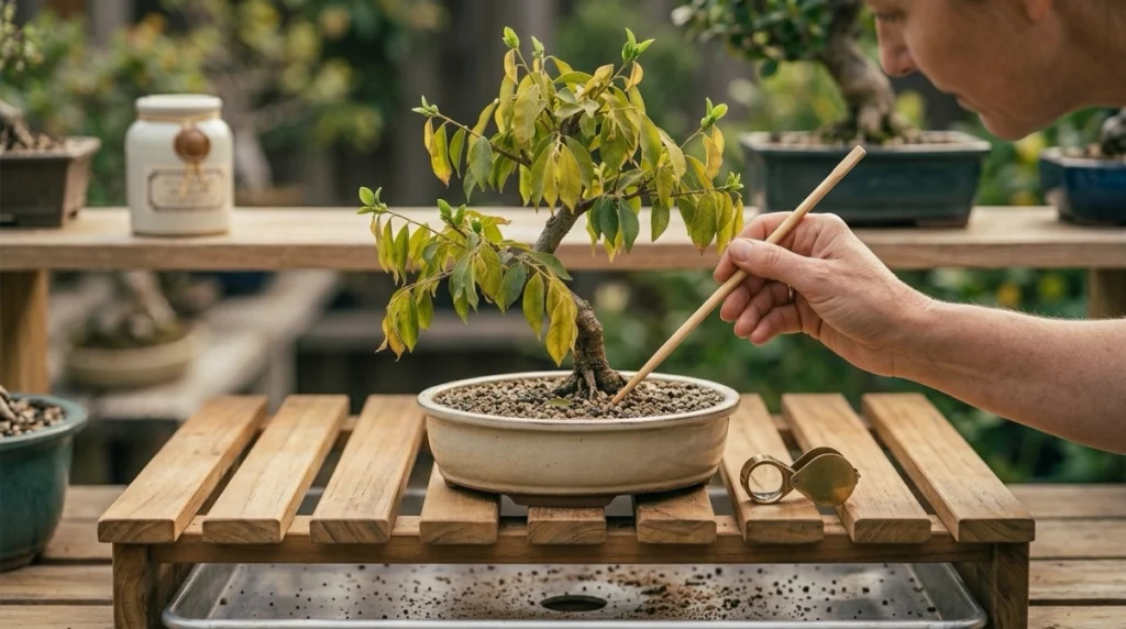 Grower checks soil and drainage while helping a wilting bonsai recover safely.