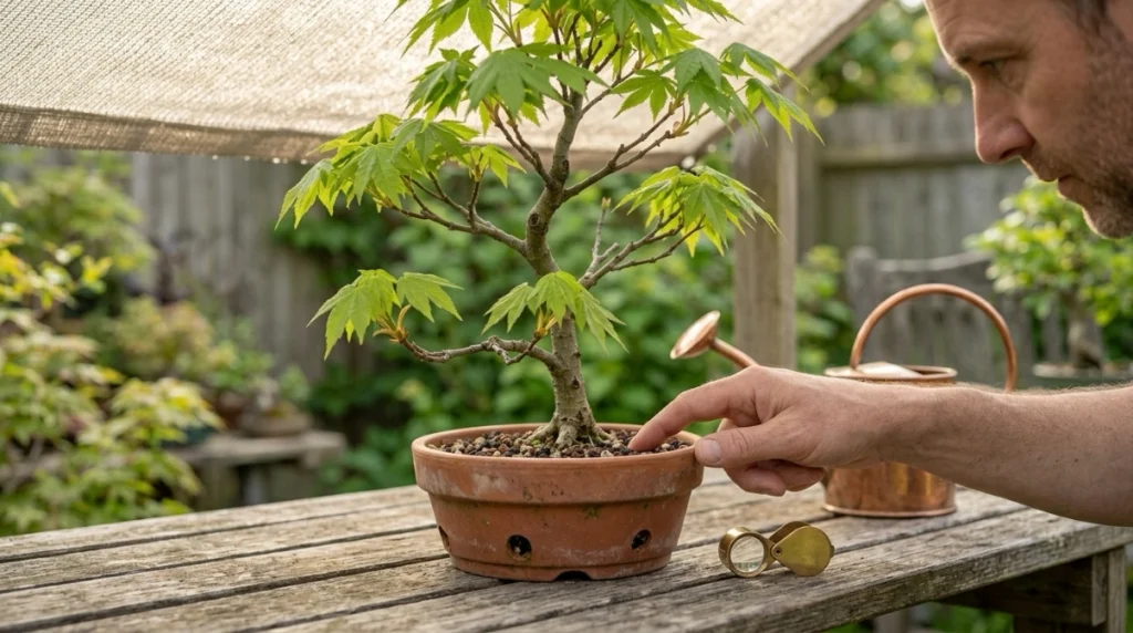 Bonsai grower checking soil moisture and healthy new growth to prevent browning