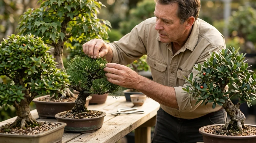 Bonsai grower checking new growth to prevent aphids on bonsai trees beside a beneficial lady beetle.