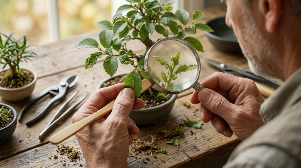 Bonsai grower inspecting leaf undersides and shoots with a hand lens for aphids