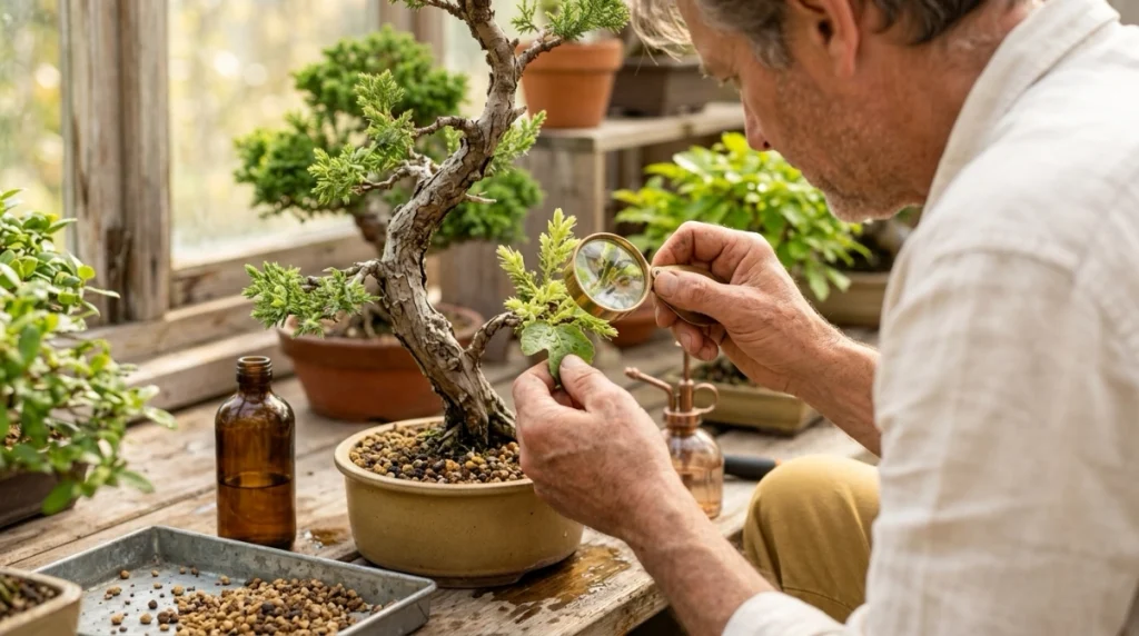 Grower isolating and inspecting a bonsai with aphids before gentle pest control treatment