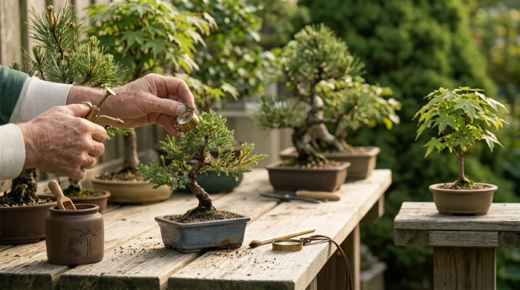 Bonsai grower checking new shoots while a newly acquired tree remains isolated for quarantine