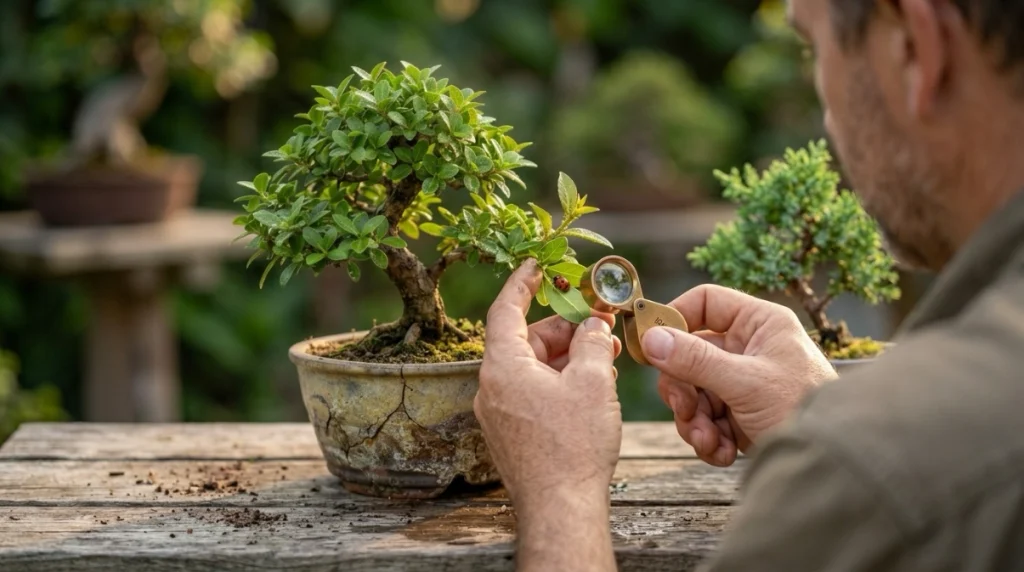 Grower checking new bonsai growth and leaf undersides to prevent aphids naturally
