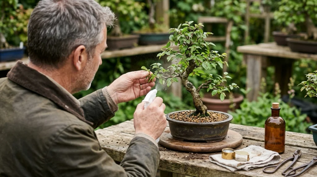 Bonsai grower rinsing aphids from young leaves on an isolated bonsai tree.