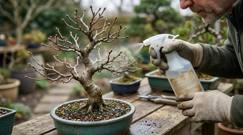 Grower applying horticultural oil to aphid eggs on bonsai twigs during dormancy