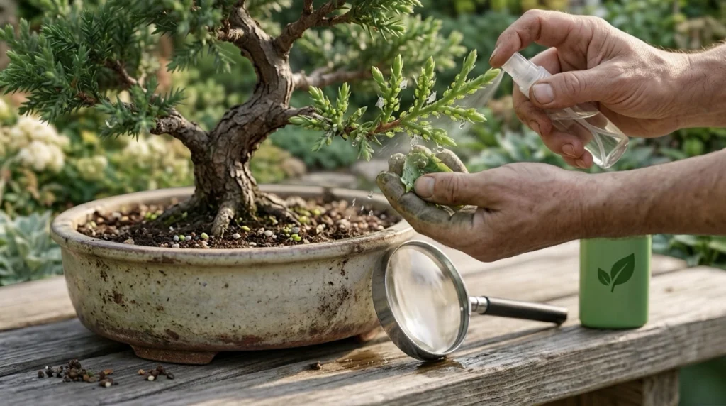 Grower removing aphids from bonsai leaves using a gentle stream of water