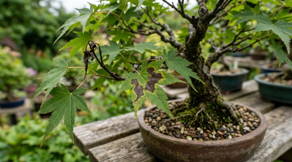 Bonsai leaves with dark bacterial-looking spots, yellow halos, shoot dieback, and a small bark canker