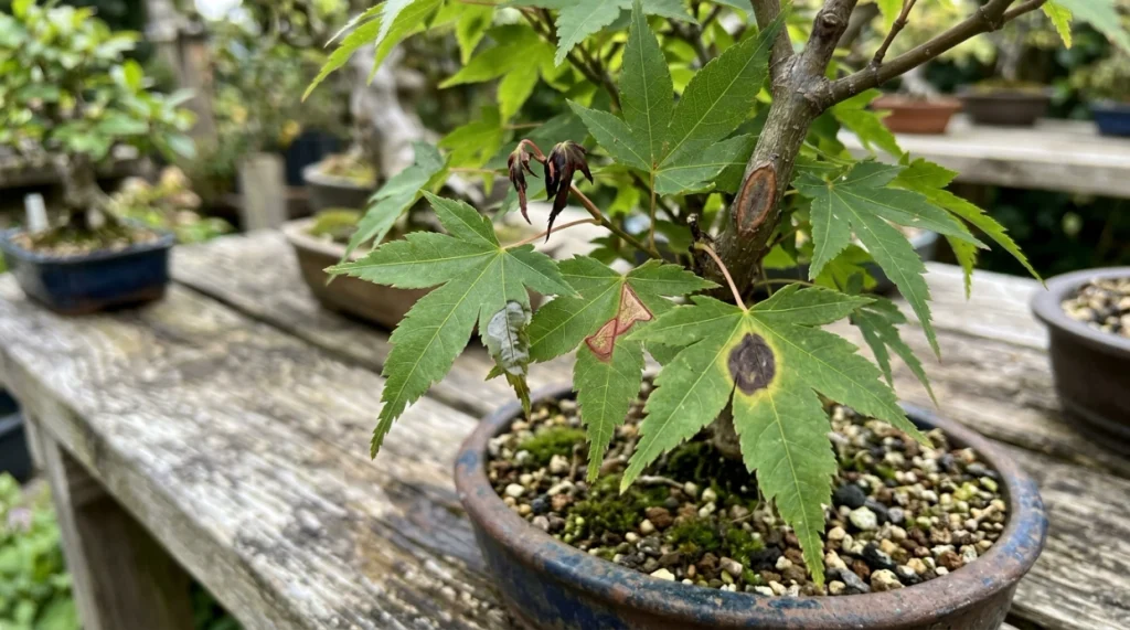 Bonsai leaves with water-soaked spots, dark lesions, yellow halos, and shoot dieback