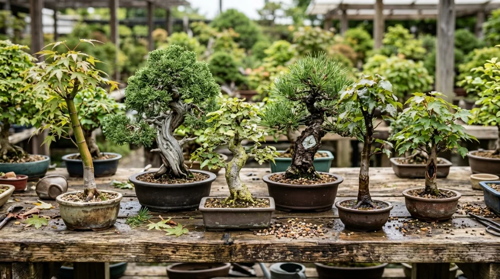 Bonsai trees showing brown, gray, green, white, and dark bark color variations