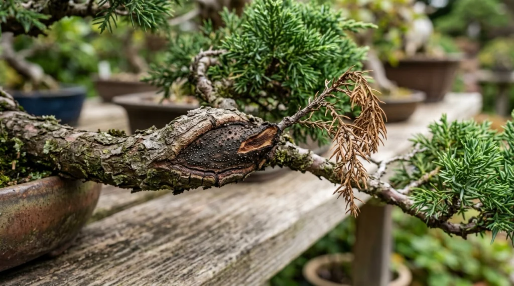 Bonsai canker symptoms showing dark sunken bark, cracking, callus tissue, and dying twig growth