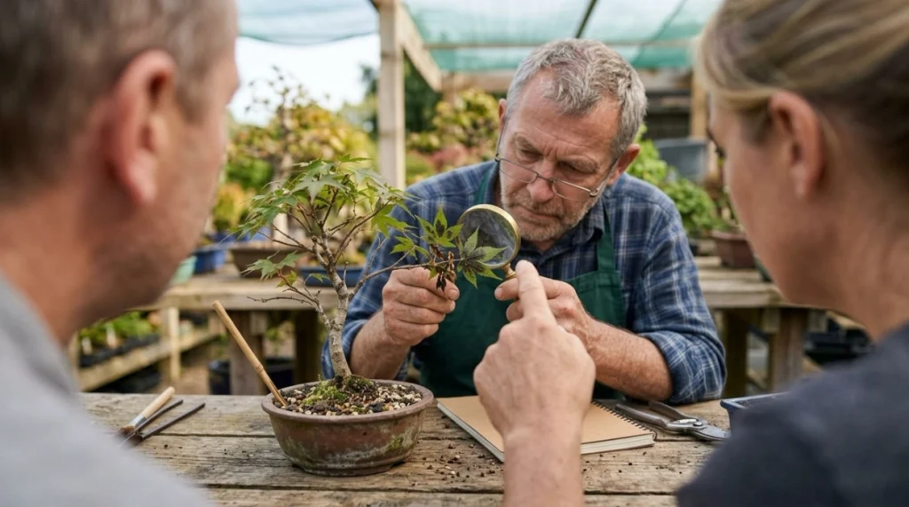 Expert inspecting a bonsai with spreading black leaf lesions and dieback