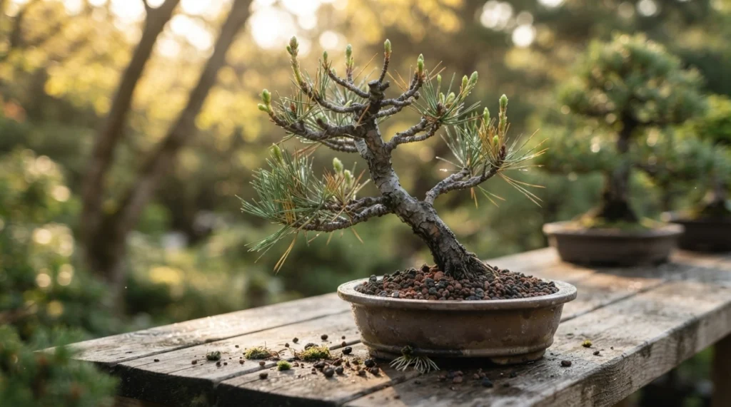 Recovering bonsai after root rot showing fresh buds, healthy shoots, and free-draining substrate