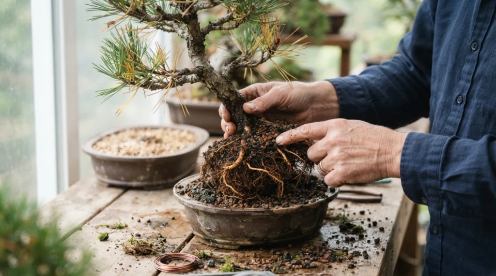 Bonsai root rot symptoms with yellow leaves, wet soil, and dark soft damaged roots