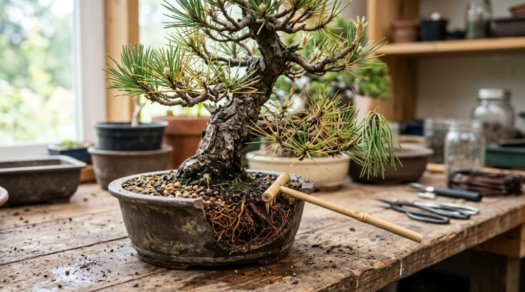 Yellow bonsai leaves, weak shoots, damp soil, and damaged roots showing root rot symptoms