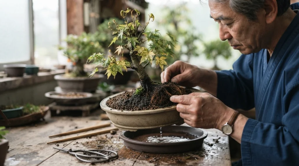 Yellow leaves, wet soil, slow drainage, and dark roots showing possible bonsai root rot