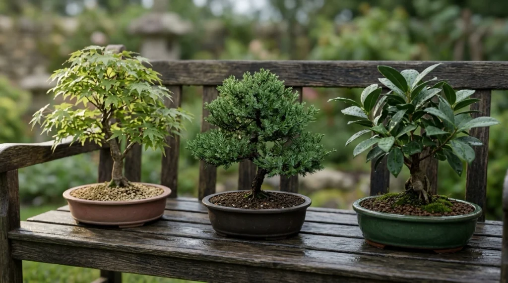 Different bonsai species show varying soil moisture after rain, sun, shade, and wind exposure