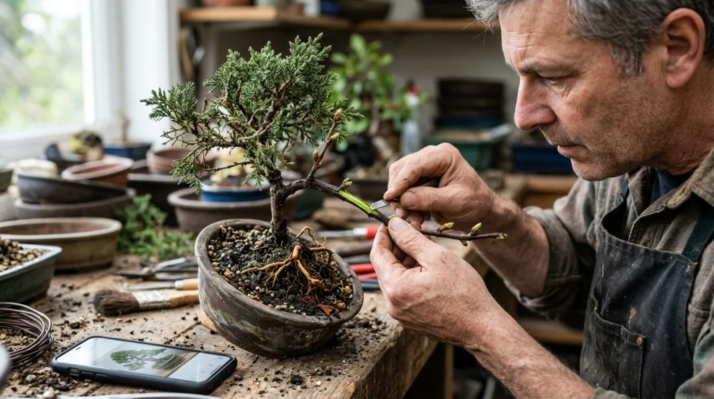Grower checking green cambium, buds, and roots to see whether a diseased bonsai can recover.