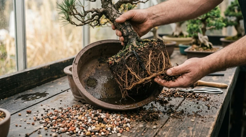Wet compacted bonsai soil and blocked drainage surrounding dark mushy roots