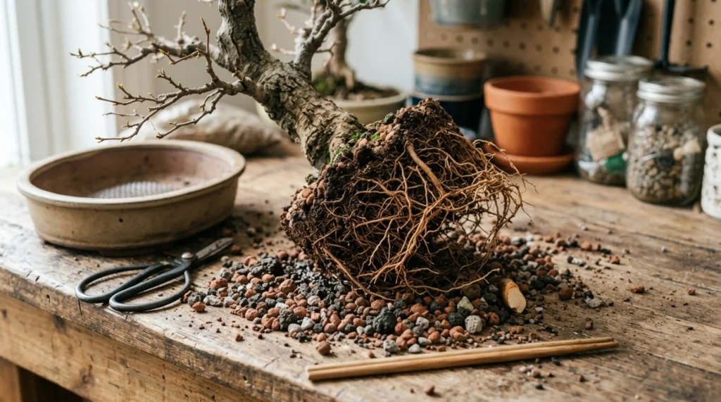 Brown roots on bonsai showing wet soil, dry feeder roots, mature roots, and repotting damage