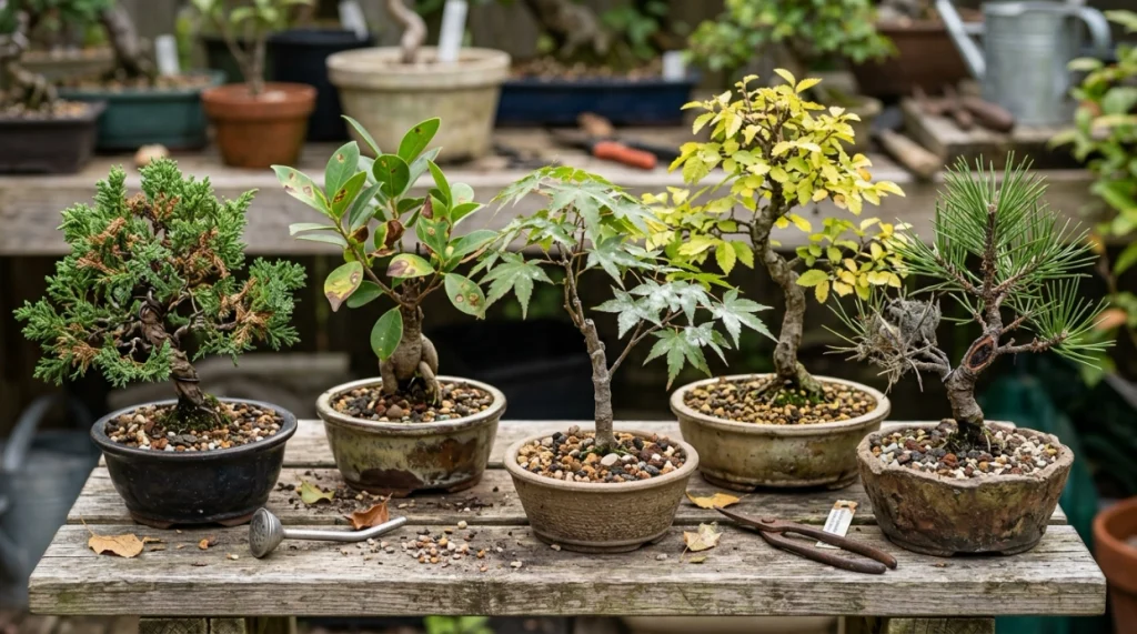 Bonsai trees showing powdery mildew, leaf spots, root stress, gray mold, and bark disease symptoms