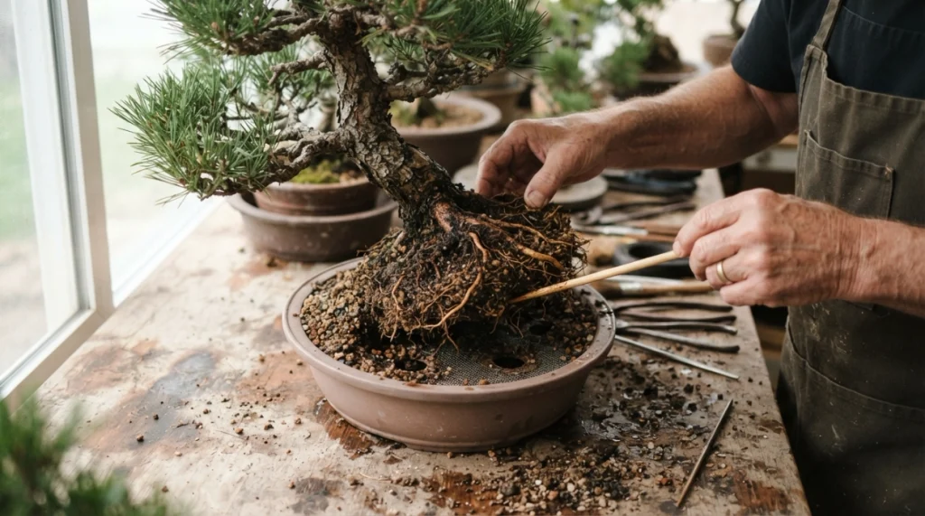 Bonsai root rot symptoms checked by inspecting damp soil, drainage holes, and soft dark roots