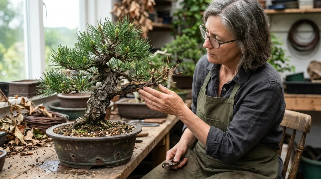 Grower inspecting bonsai branch dieback, bark discoloration and root stress