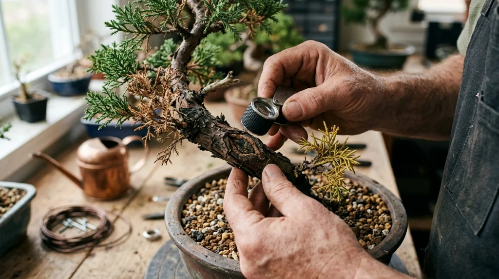 Bonsai grower inspecting branch dieback, bark damage, wire marks, and soil moisture