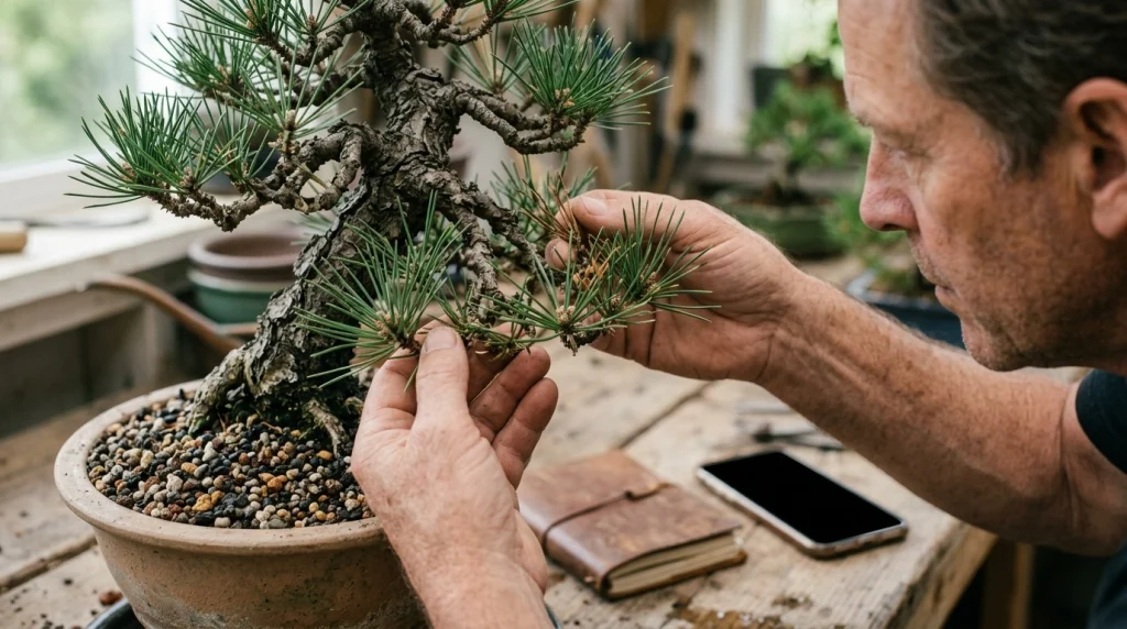 Bonsai grower checking leaves, twigs, bark, and soil for early disease symptoms