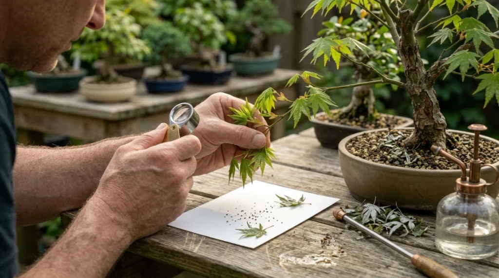 Isolated bonsai with silvered leaves being checked for thrips over white paper with a hand lens.