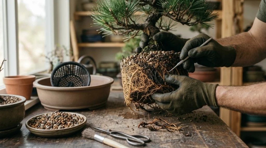 Bonsai grower carefully repotting a tree with healthy roots, fresh substrate, mesh, and clean tools