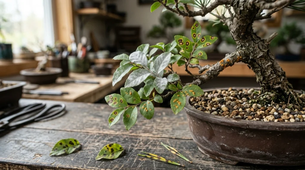 Bonsai leaves showing powdery mildew, dark leaf spots, rust pustules and twig dieback