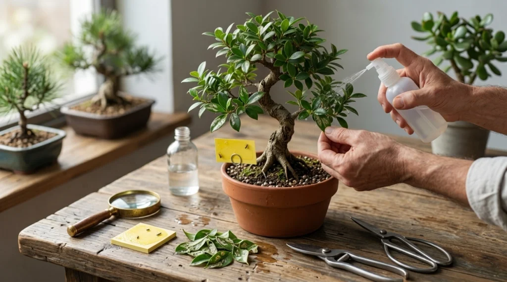Gardener rinsing a thrips-infested bonsai beside pruning tools, monitoring card, and removed leaves