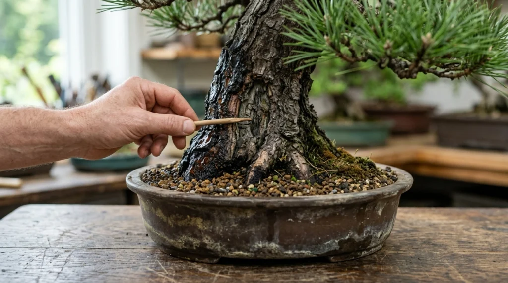 Close-up comparing firm dark bonsai bark with cracked, sunken tissue that may indicate rot