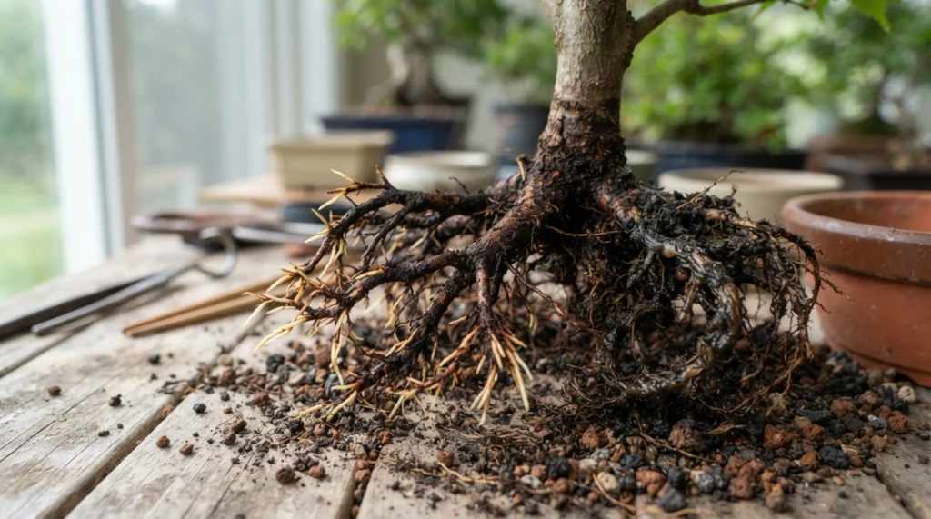 Healthy firm dark bonsai roots beside soft deteriorated roots and intact feeder roots