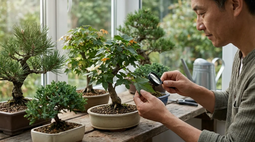 Bonsai grower inspecting new foliage to prevent whiteflies from returning
