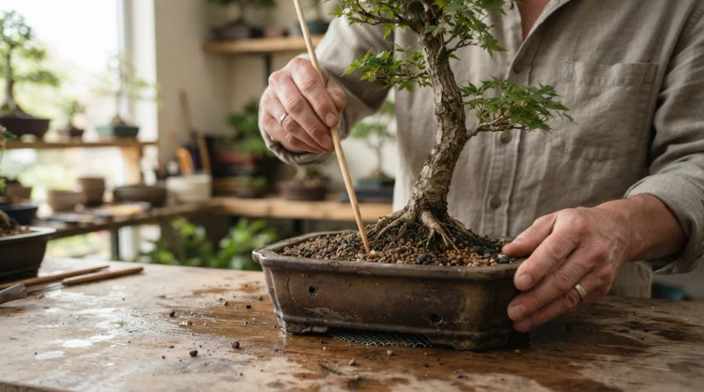 Grower checks bonsai soil moisture with a chopstick before inspecting visible roots.
