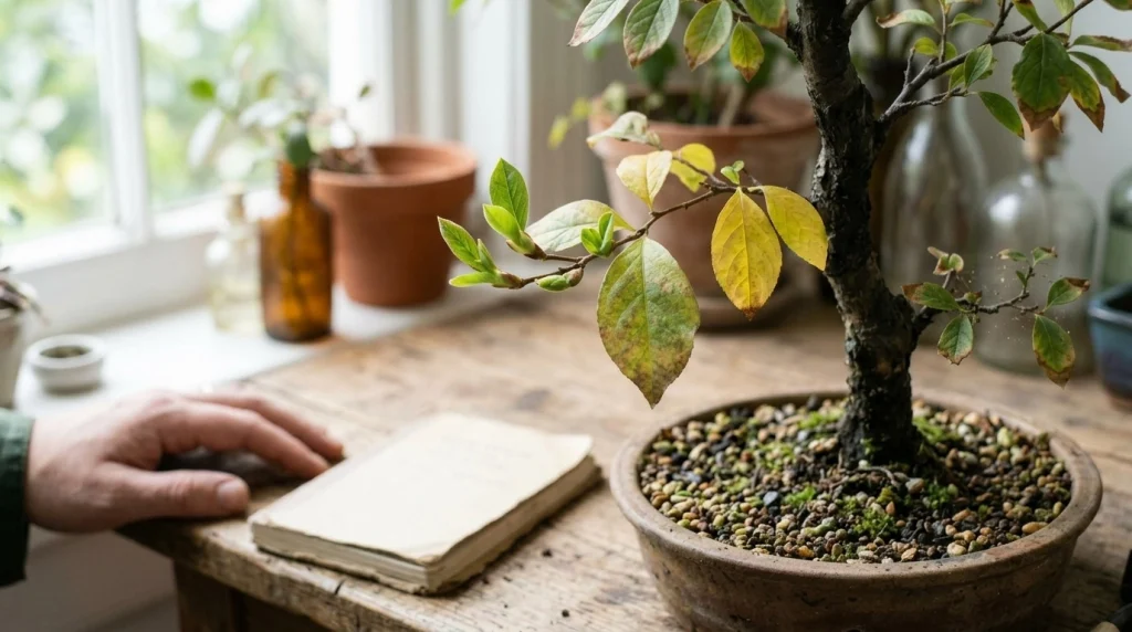 Recovering bonsai with fresh buds, healthy leaves and older damaged foliage