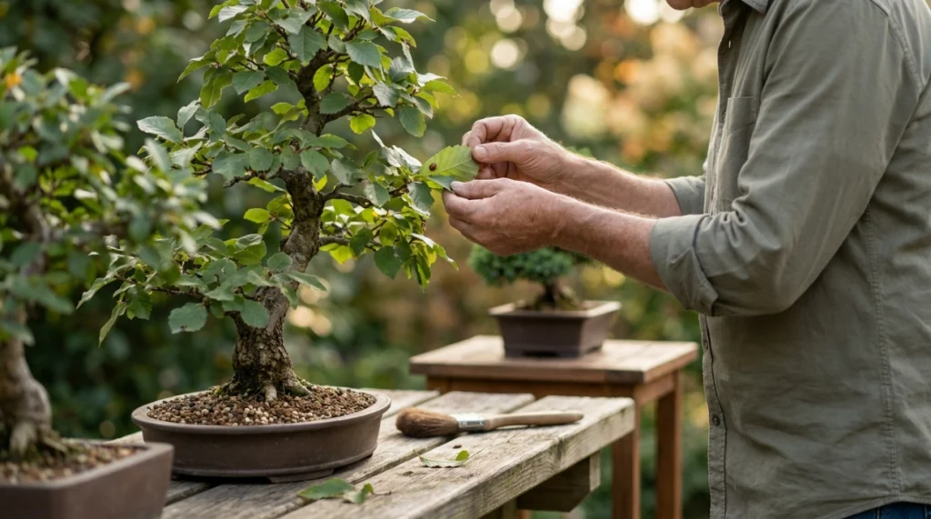 Grower inspecting bonsai leaves while a new plant remains separated for whitefly prevention