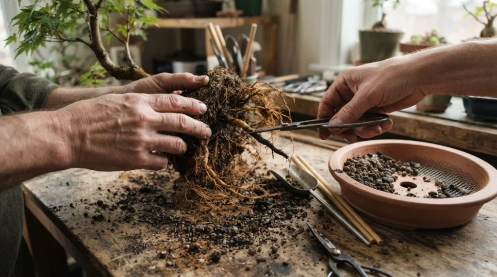 Grower treating bonsai root rot by trimming dead roots and preparing aerated bonsai soil