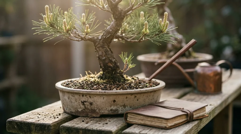 Recovering bonsai with new buds and stable growth after root disease